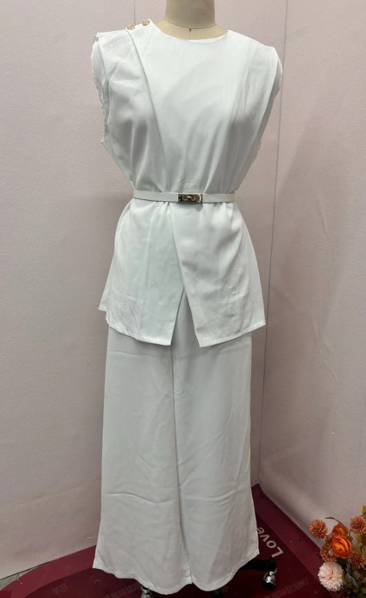 Round Neck Sleeveless Top & High Waist Wide Leg Pants Set