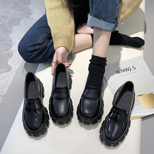 Thick Heel Black Leather Shoes