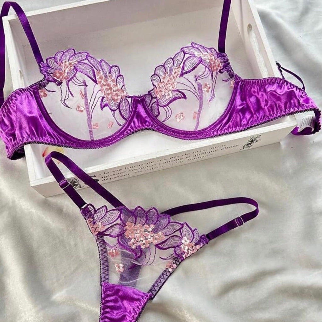 Purple Embroidered Ribbon Steel Ring Underwear