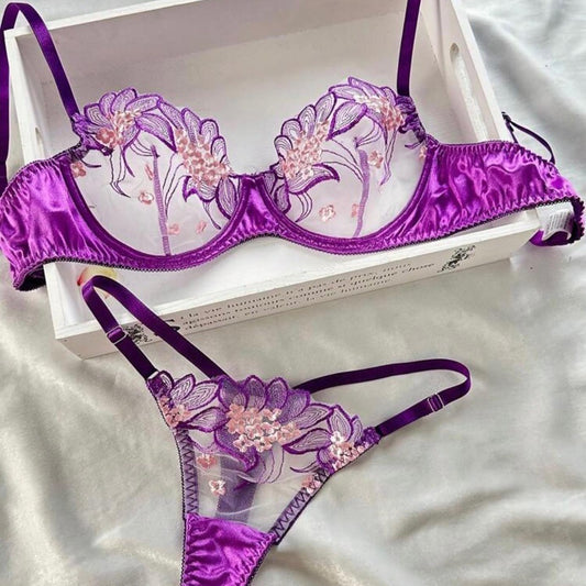 Purple Embroidered Ribbon Steel Ring Underwear