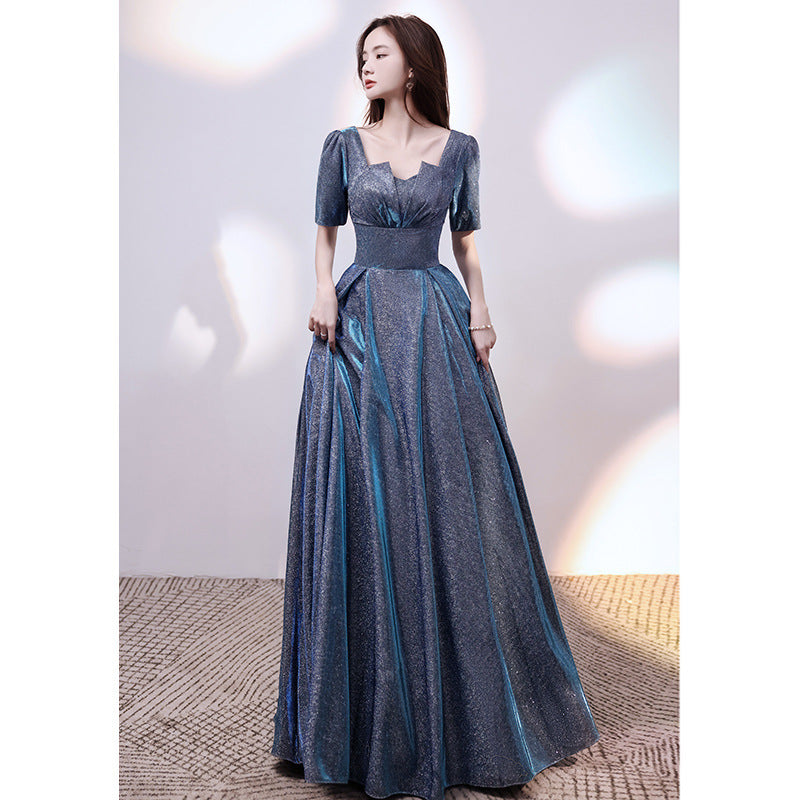Blue Starry Princess Scoop Neck Puff Sleeve Floor- Length Gown