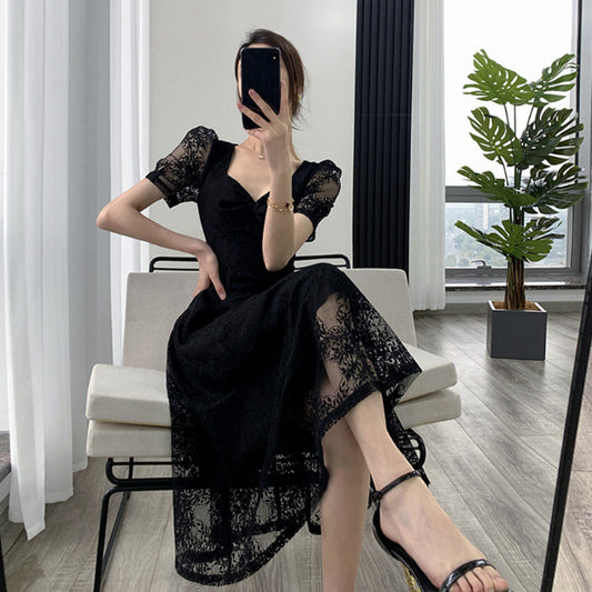 Women's Summer Square Collar French Retro Lace  Dress
