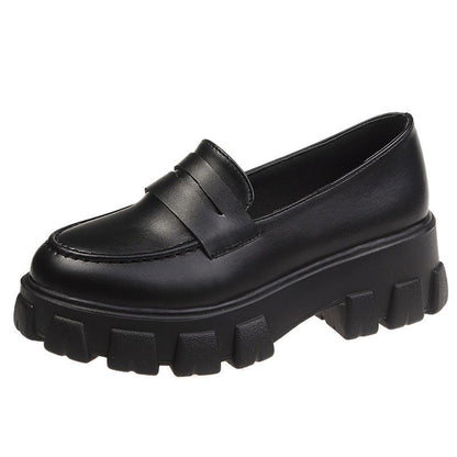 Thick Heel Black Leather Shoes