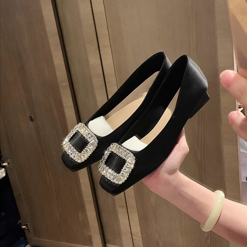 Rhinestone Square Toe Low-Cut Silver Flats