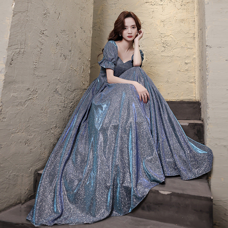 Blue Starry Princess Scoop Neck Puff Sleeve Floor- Length Gown