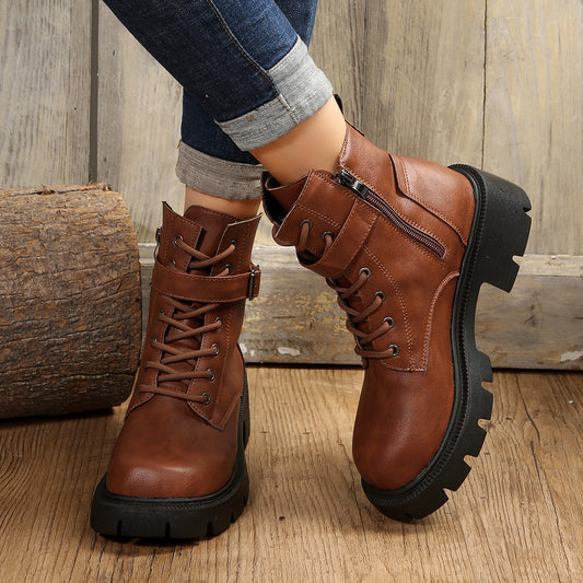 Round Head Chunky Heel Casual Mid-Calf Martin Boots