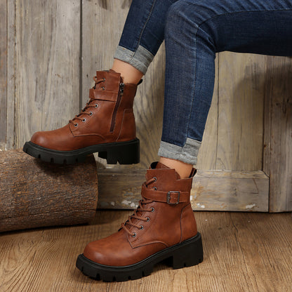 Round Head Chunky Heel Casual Mid-Calf Martin Boots