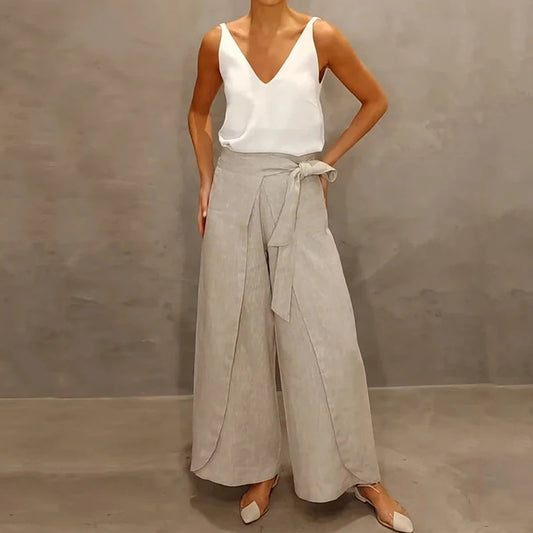 Solid Color V-neck Sleeveless Top with High Waist Wide Leg Pants Suit