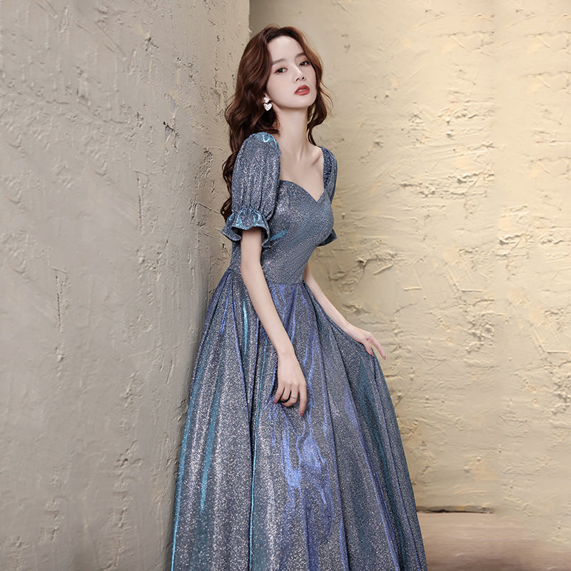 Blue Starry Princess Scoop Neck Puff Sleeve Floor- Length Gown