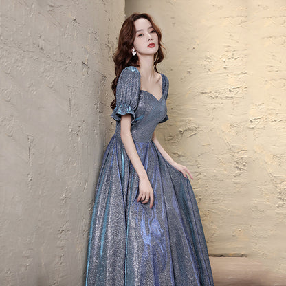 Blue Starry Princess Scoop Neck Puff Sleeve Floor- Length Gown