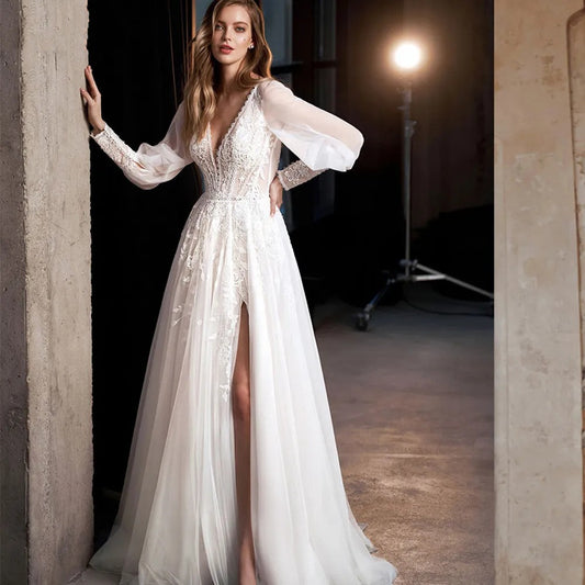 Long Puff Sleeve Tulle Wedding Dress With Side Slit A-Line Floor-Length Lace