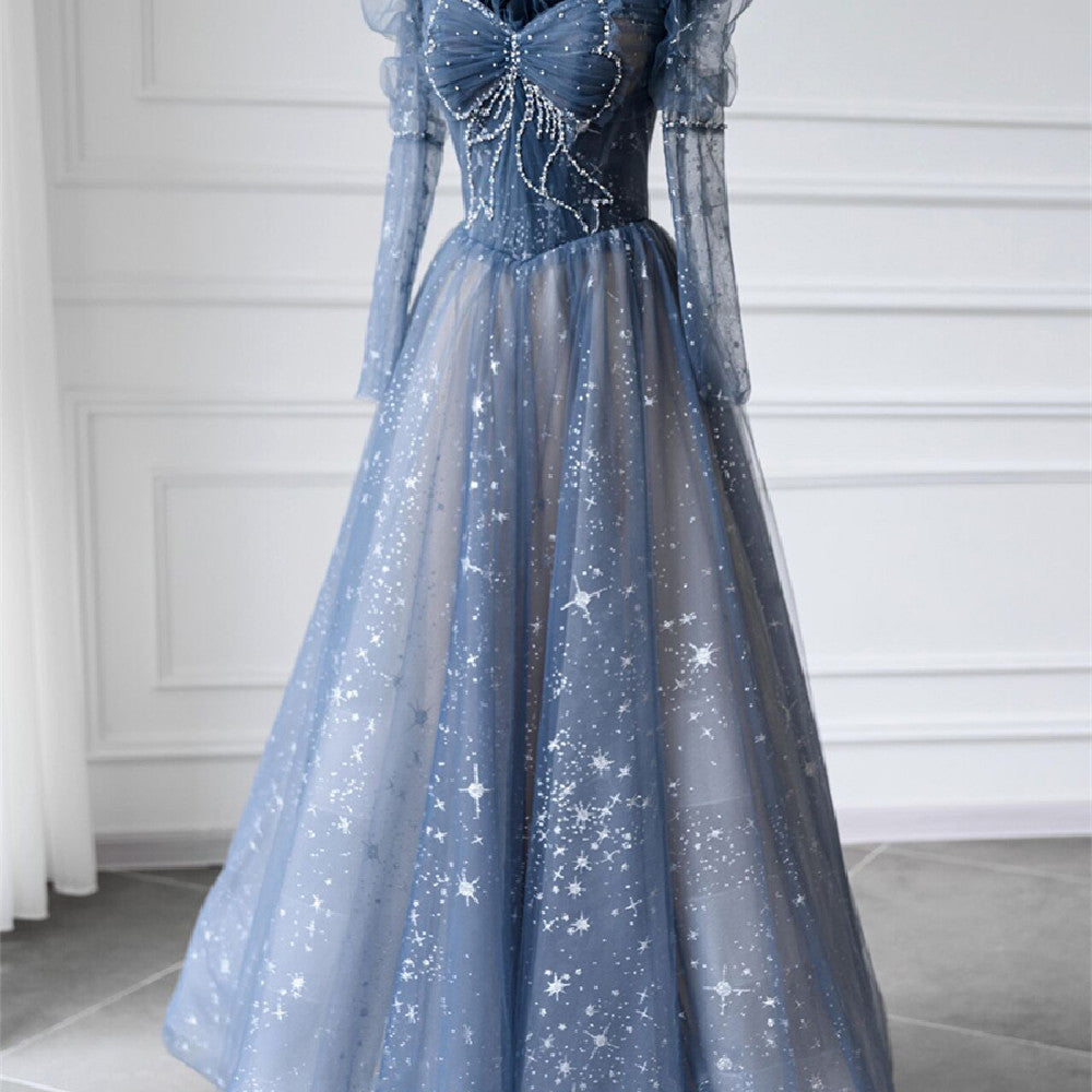 Blue Long-Sleeve Bridal Gown