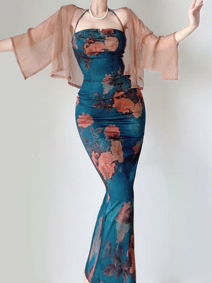 Printed Buttocks Cardigan & Dress Set