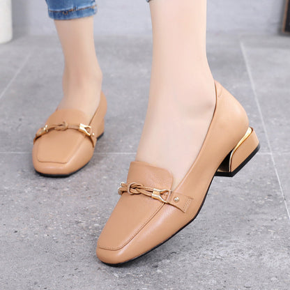Top Layer Cowhide Leather Shoes Spring Mid-heel Ladies Shoes