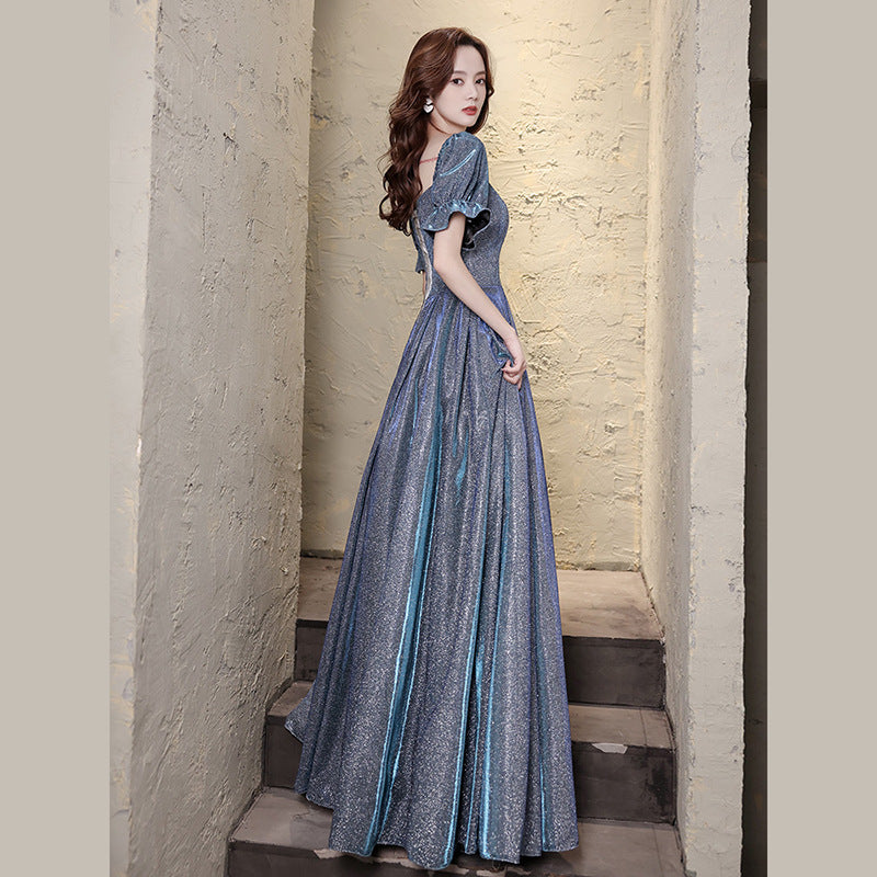 Blue Starry Princess Scoop Neck Puff Sleeve Floor- Length Gown