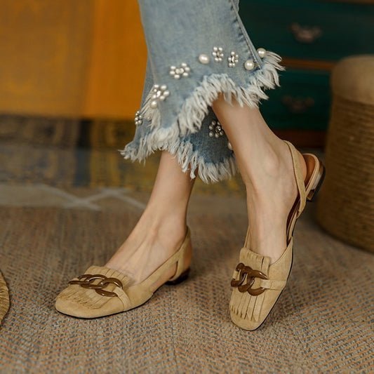 Pedal Toe Cap Slingback Tassel Low Heel Sandals