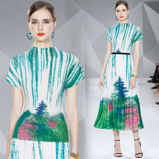 Fashion Slim Fit Shirt Printed & Pleated Skirt Set