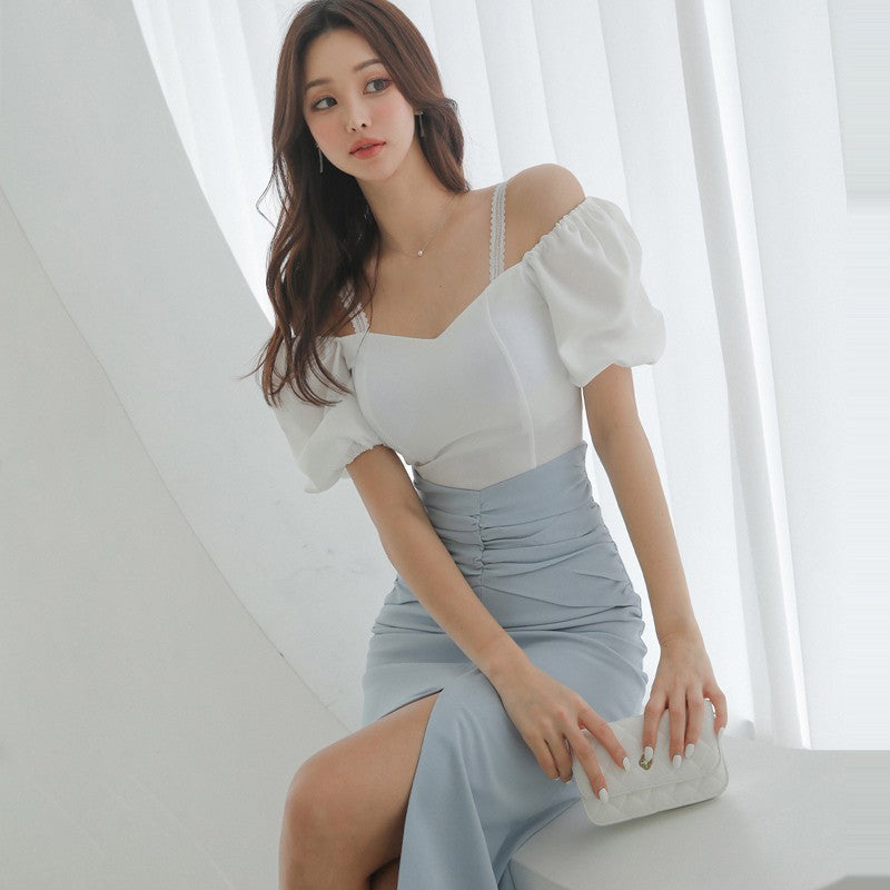Off-Shoulder Hip Skirt with Waist Slit Two-Piece Set