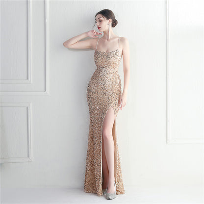Evening Gown - Halter Neck with Spaghetti Straps and Long Fish Tail