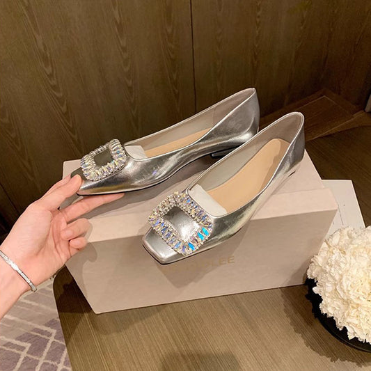 Rhinestone Square Toe Low-Cut Silver Flats