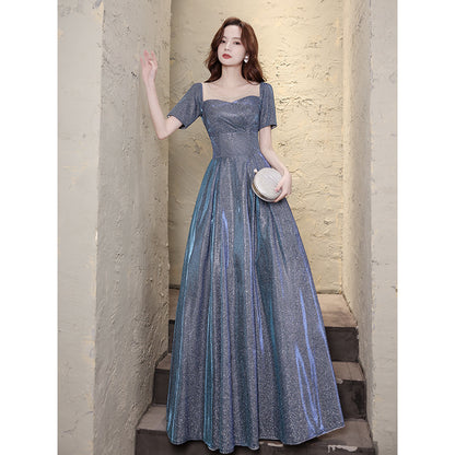 Blue Starry Princess Scoop Neck Puff Sleeve Floor- Length Gown