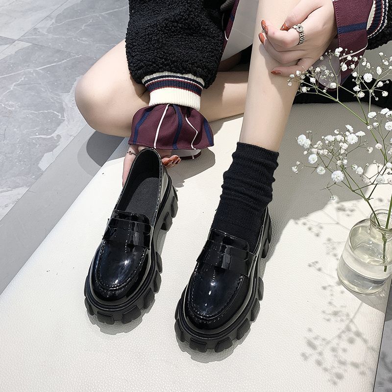 Thick Heel Black Leather Shoes