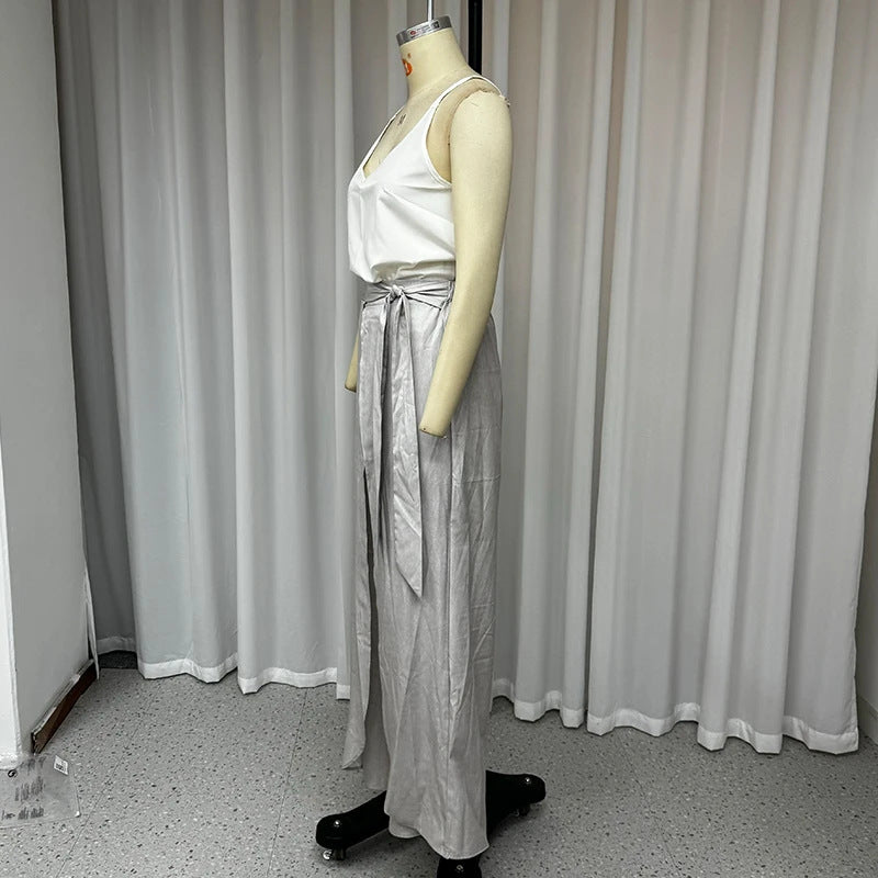 Solid Color V-neck Sleeveless Top with High Waist Wide Leg Pants Suit