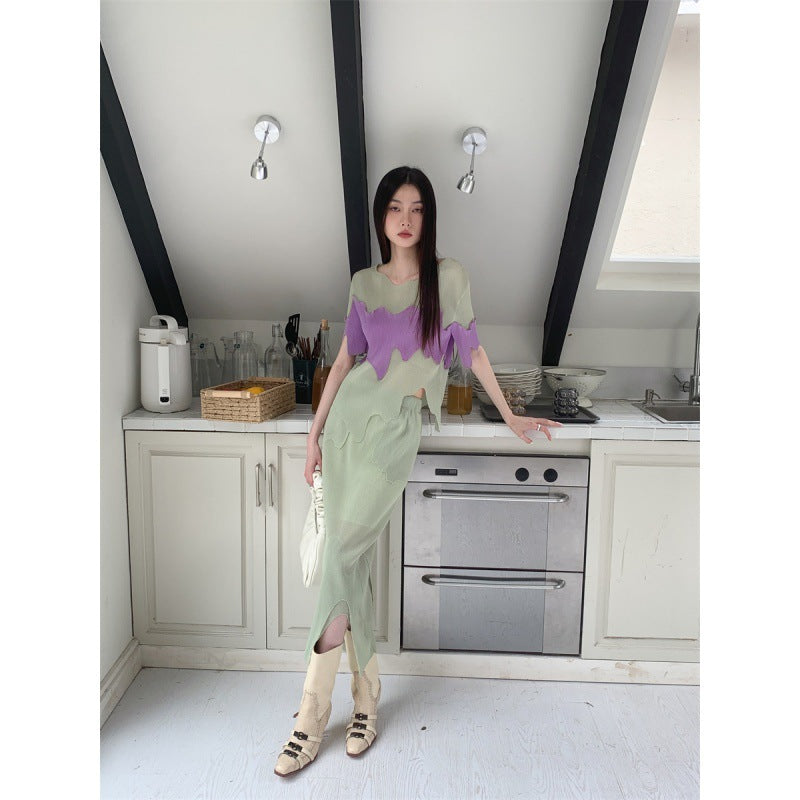 Trendy Chic Green Short Sleeved & Skirt Set