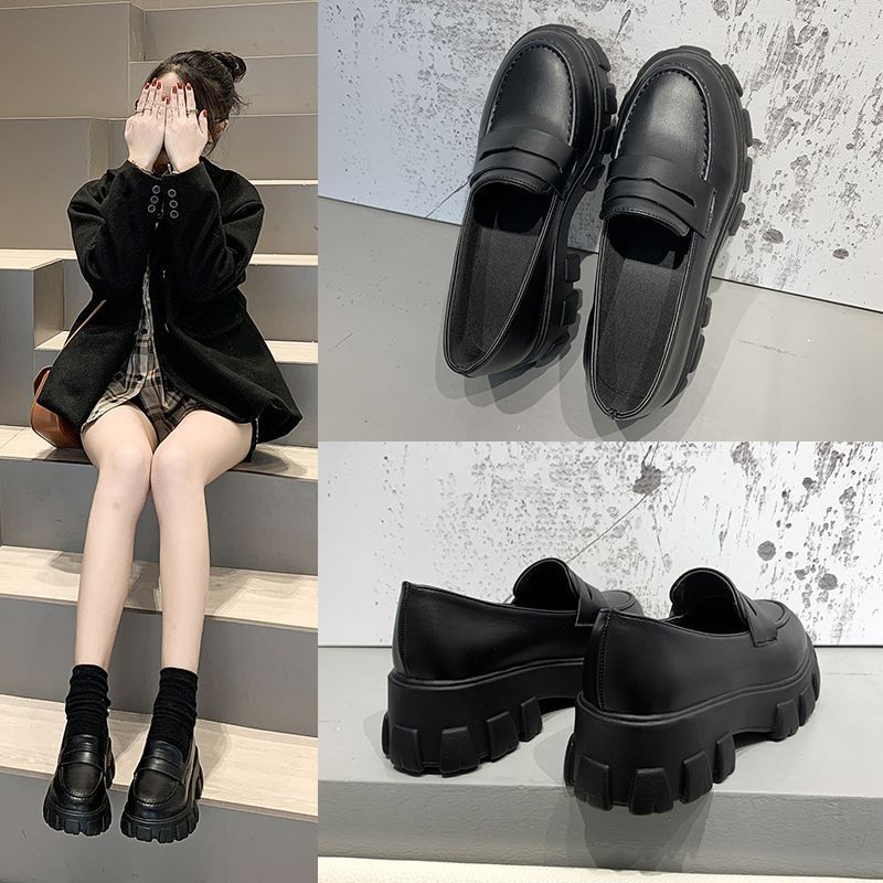Thick Heel Black Leather Shoes