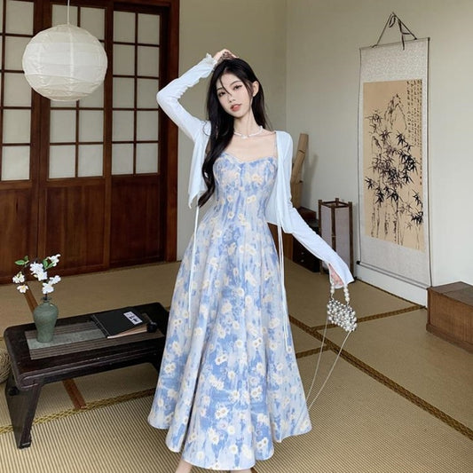 Blue Floral Coat & Skirt Set