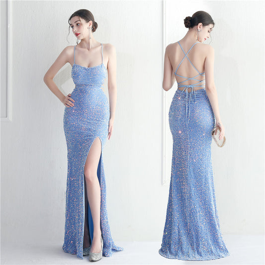 Evening Gown - Halter Neck with Spaghetti Straps and Long Fish Tail
