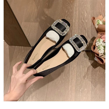 Rhinestone Square Toe Low-Cut Silver Flats