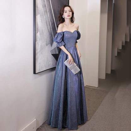 Blue Starry Princess Scoop Neck Puff Sleeve Floor- Length Gown