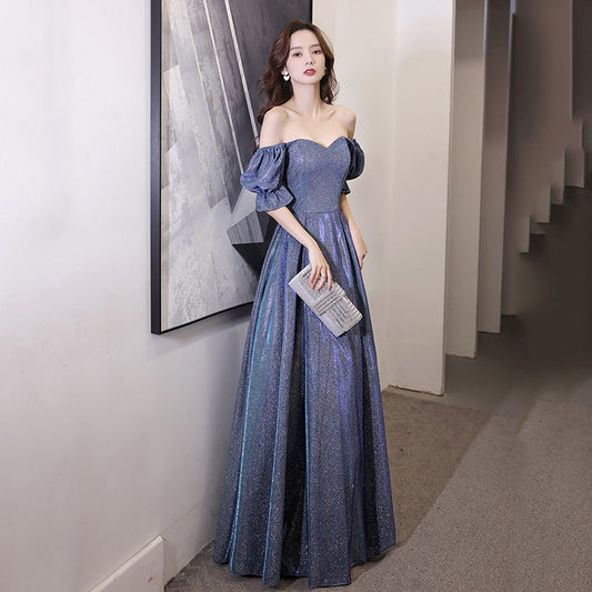 Blue Starry Princess Scoop Neck Puff Sleeve Floor- Length Gown