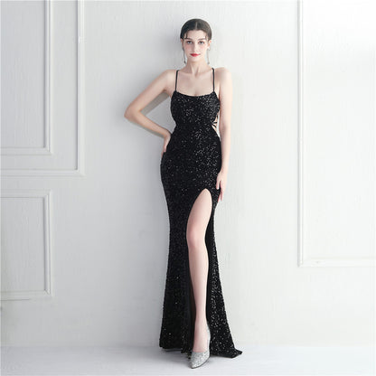 Evening Gown - Halter Neck with Spaghetti Straps and Long Fish Tail